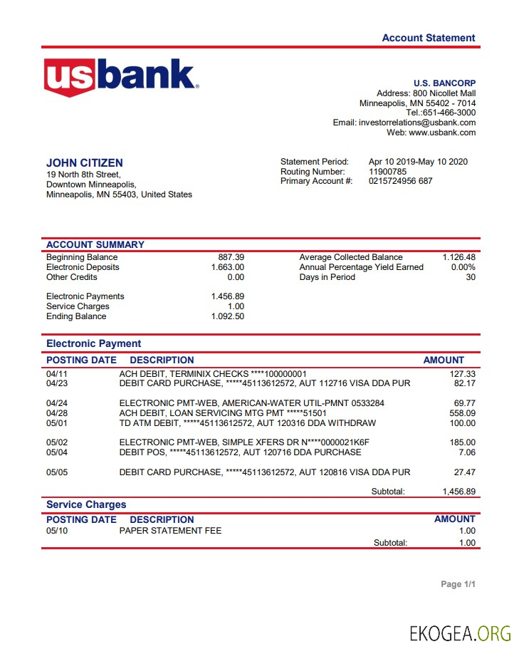 Modèle de relevé de preuve d'adresse de la banque USA Bancorp au format Word et PDF